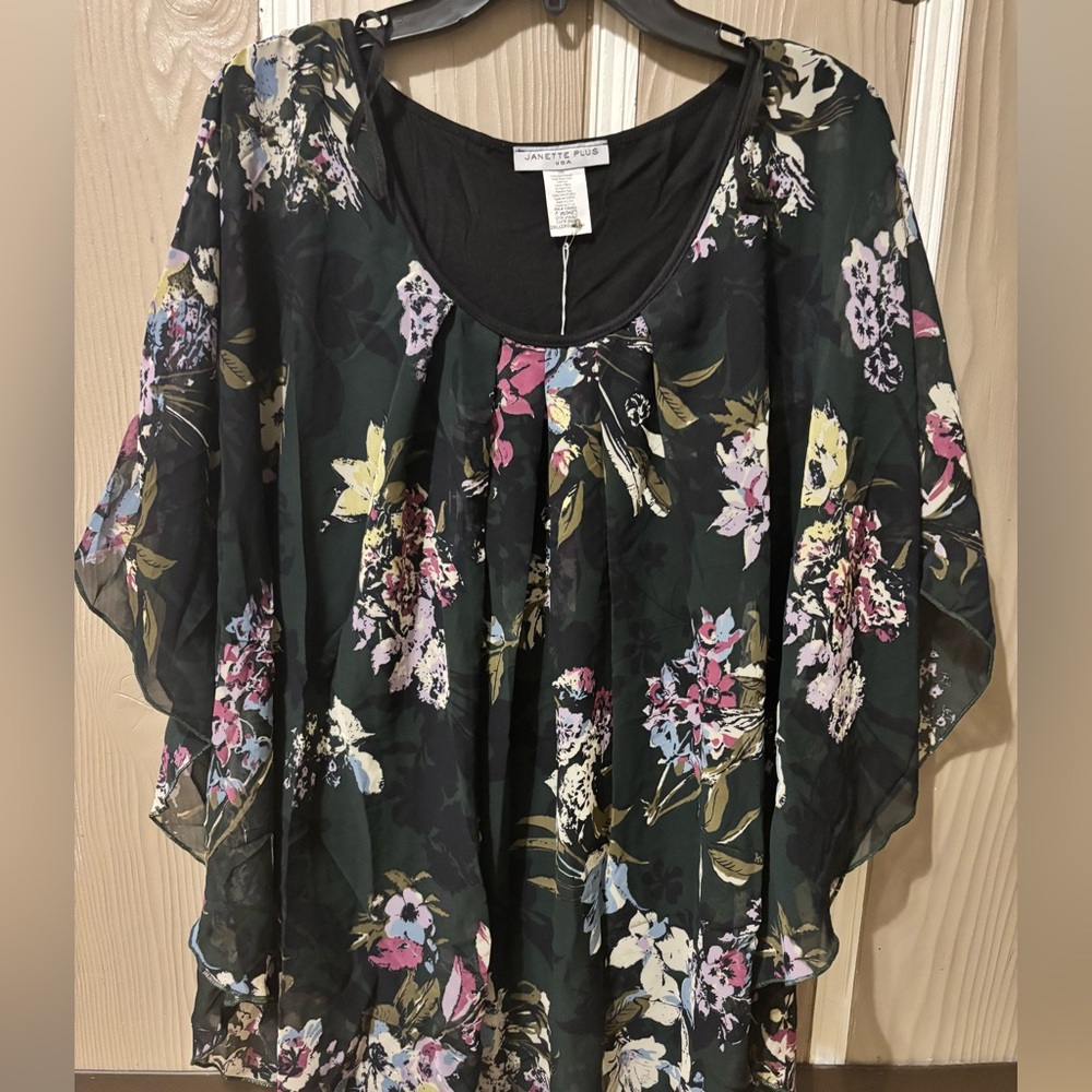 Janette Plus Black Floral Chiffon Tunic with Pink, Yellow & Blue Accents